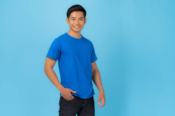 istock T-shirt design, Young man in blue t-shirt 1279078149