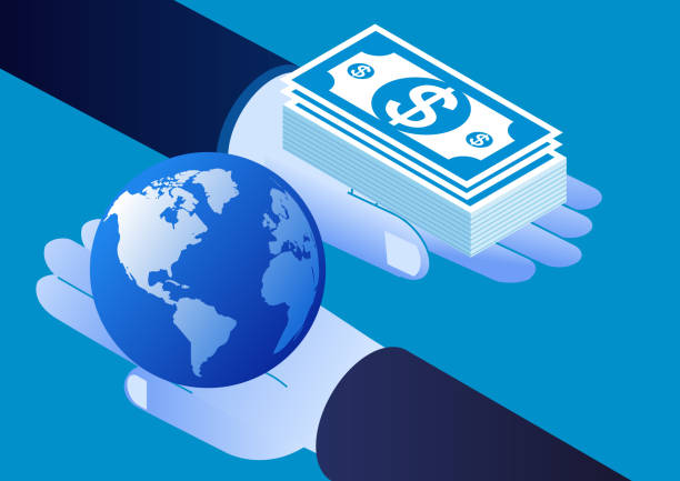 Isometric hand holding money and the other hand holding the earth Isometric hand holding money and the other hand holding the earth global finance stock illustrations