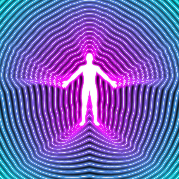Corpo humano alma aura conceito chakra energia vital qi meditação Corpo humano alma aura neon brilho azul e rosa fundo preto silhueta chakra energia vital conceito mente esoterismo psicologia aura ilustrações de stock