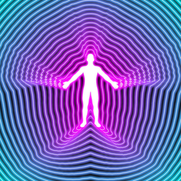 Human body soul aura concept chakra vital energy qi meditation Human body soul aura neon glow blue and pink black background silhouette chakra vital energy concept mind esotericism psychology celestial body stock illustrations