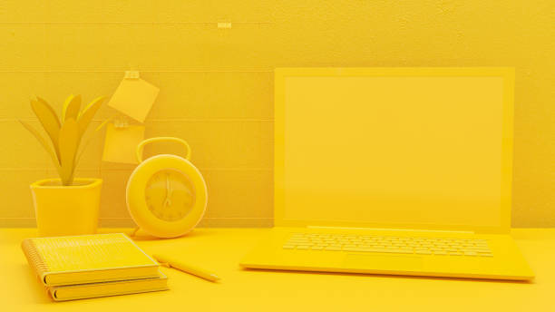 istock Minimal concept, Laptop on table Work desk yellow color. 1279082626