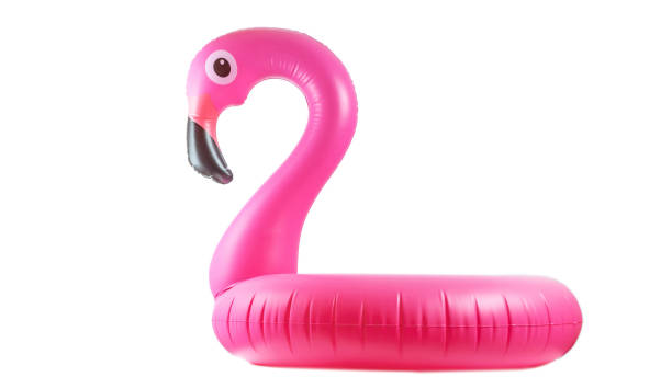 istock Summer fun beach. Pink pool inflatable flamingo for summer beach isolated on white background. Funny bird toy for kids. 1279083786