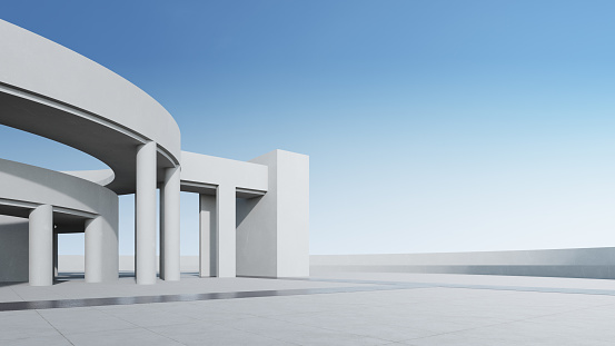 3d rendering of abstract white curved building with blue sky background.