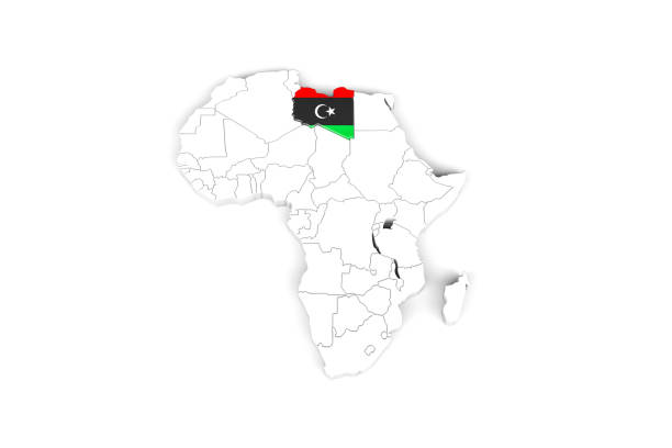 afrika 3d karte mit markierten grenzen - libyen gebiet mit libyen flagge markiert - libya flag libyan flag three dimensional shape stock-fotos und bilder