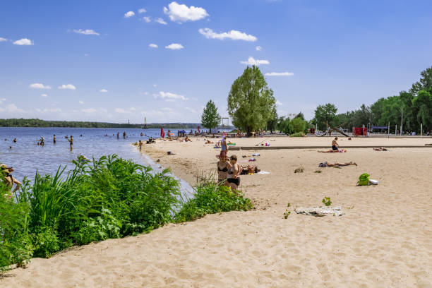 stadtstrand am dnjepr auf der insel monastyrsky in dnipro - tree large group of people sand sunbathing stock-fotos und bilder