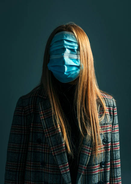 istock Scared blond woman with protective masks at studio 1279088369