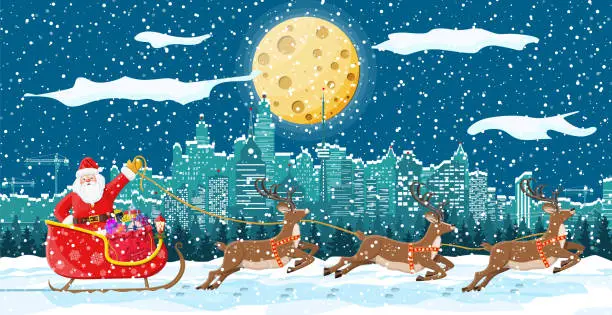 Vector illustration of Santa claus rides reindeer sleigh