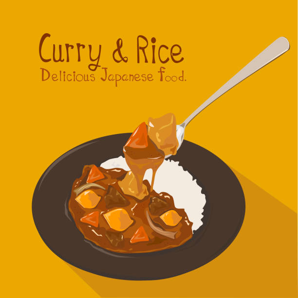 ilustrações de stock, clip art, desenhos animados e ícones de japanese curry rice with meat, carrot, and potato close-up in spoon on the plate and yellow background. - vegetables table