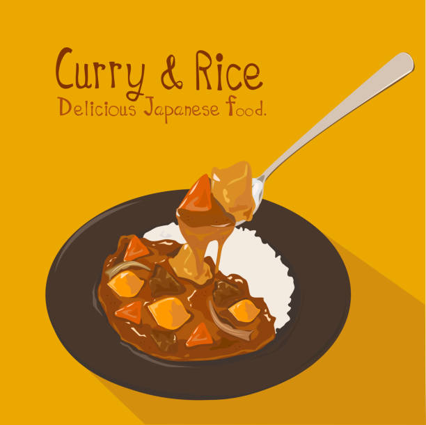 Japanese curry rice with meat, carrot, and potato close-up in spoon on the plate and yellow background. Japanese curry rice with meat, carrot, and potato close-up in spoon on the plate and yellow background. Vector illustration. Cutlet stock illustrations