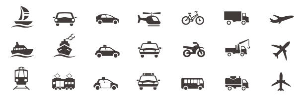 набор транспортных иконок вектор - silhouette bus symbol motor scooter stock illustrations