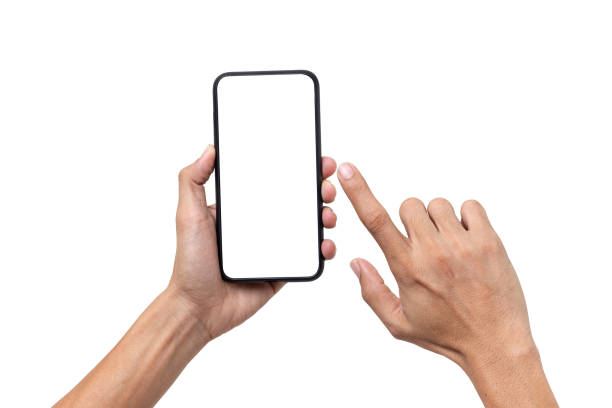 istock Hand man holding mobile smartphone with blank screen isolated on white background with clipping path 1279092655