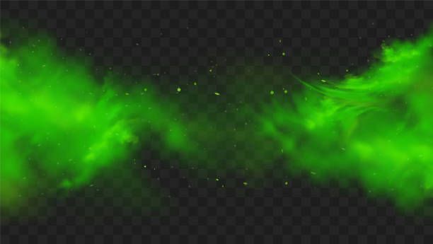 zielony dym izolowany na przezroczystym tle. realistyczny zielony nieprzyjemny zapach, magiczna chmura mgły, toksyczny gaz chemiczny, fale parowe. realistyczna ilustracja wektorowa - abir stock illustrations