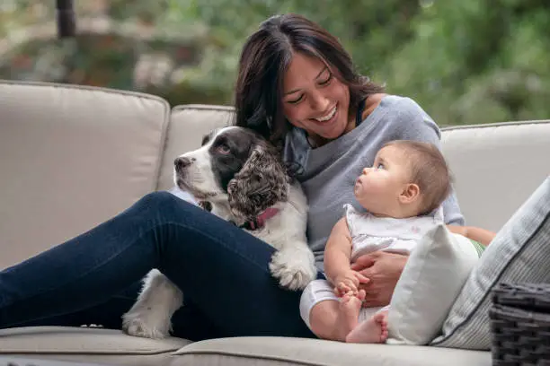 Photo of Beautiful Eurasian Woman Relaxing Outdoors With Her Baby Girl And Dog