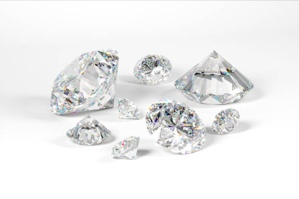 una dispersione di diamanti di diverse dimensioni su uno sfondo bianco. esposizione di pietre preziose. rendering 3d. - brillante foto e immagini stock