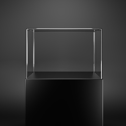 Empty showcase for product presentation. Cabinet with glass lid. Jewelry showcase. 3d rendering.