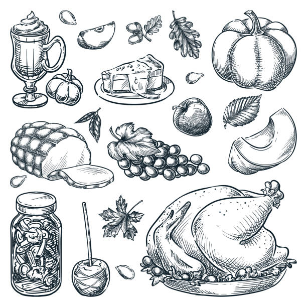 Thanksgiving menu design elements. Traditional holiday home made meal. Vector sketch illustration Thanksgiving menu design elements on white background. Traditional holiday home made meal. Roasted turkey, pickled vegetables, caramel apple, pumpkin, ham. Vector hand drawn sketch illustration cartoon of bird with glasses stock illustrations