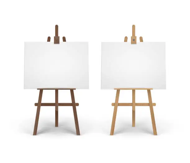 Vector illustration of Vector Set of Wooden Brown Sienna Easels with Mock Up Empty Blank Horizontal Canvases Isolated on Background