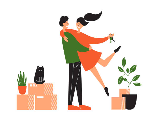 Mortgage, relocation or moving concept with happy family couple and cat Young couple relocation in new house or apartment. Mortgage concept. Happy home owners. Man holds woman with keys in hand. Family moving in flat with stuff boxes, houseplants, cat. Vector illustration new home stock illustrations