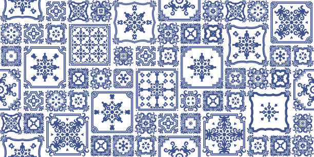 Seamless patchwork pattern of blue painted mosaic tiles with geometrical and floral ornaments in Dutch majolica ceramic style. Wallpaper décor, batik print, surface map, wrapping paper Seamless patchwork pattern of blue painted mosaic tiles with geometrical and floral ornaments in Dutch majolica ceramic style. Wallpaper décor, batik print, surface map, wrapping paper traditionally portuguese stock illustrations