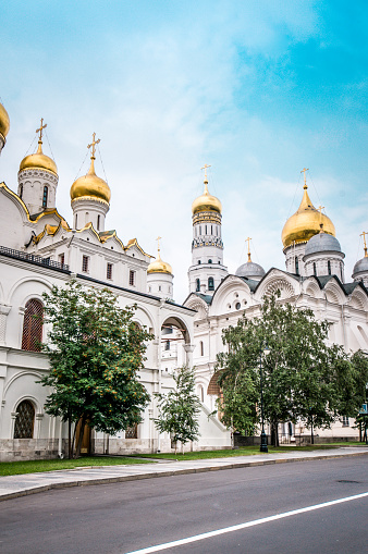 Blue and golden domes of Church of the Nativity of the Blessed Virgin against the blue sky in Samara, Russia