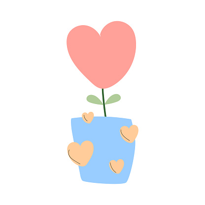 Pot with pink heart flower of love. Hand drawn illustration for love design.