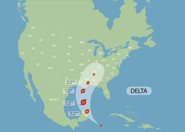 illustrazioni stock, clip art, cartoni animati e icone di tendenza di l'uragano delta si sposta negli stati uniti. mappa del mondo. illustrazione vettoriale. eps 10 - map gulf of mexico cartography usa