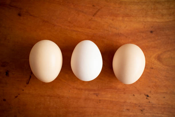 istock Three fresh and organic white eggs in a line on a wooden table. 1279099081