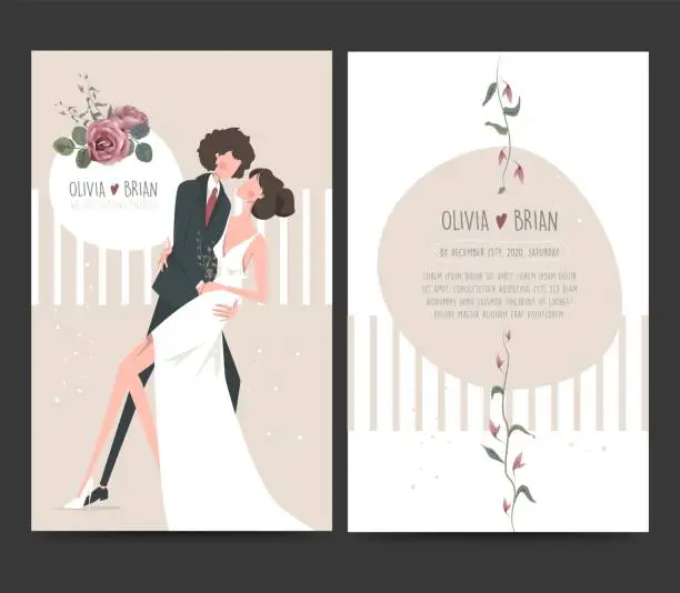 Vector illustration of Wedding and event invitation design. Stylized scratched bride and groom character. Illustration, vector, flower bouquet, roses, leave. Romantic and pastel hues. Invitation, wedding, marriage, ceremoni, celebration. Bridal flower, leaves.