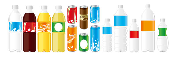 illustrazioni stock, clip art, cartoni animati e icone di tendenza di bevande succo di frutta lattine pet bottiglia set vector - glass bar relaxation red