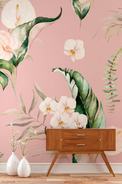 Empty wall background with console table and decoration on tropical wallpaper background