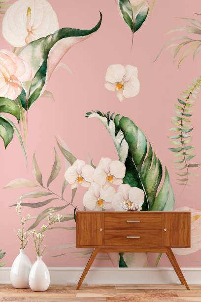 fundo de parede vazio com mesa de console e decoração em fundo de papel de parede tropical - orchid plants - fotografias e filmes do acervo