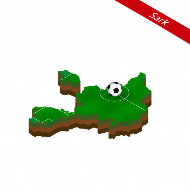 Vector illustration of Isometric map of Sark with soccer field. Football ball in center of football pitch.