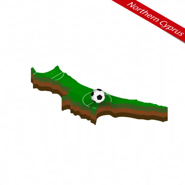 Vector illustration of Isometric map of Northern Cyprus with soccer field. Football ball in center of football pitch.