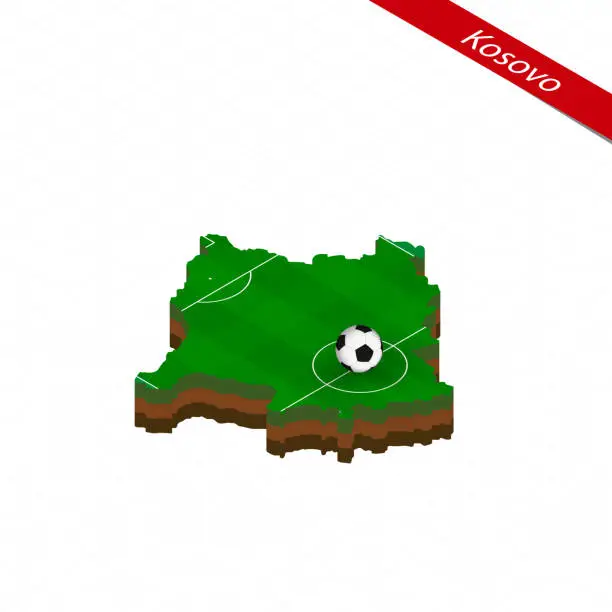 Vector illustration of Isometric map of Kosovo with soccer field. Football ball in center of football pitch.