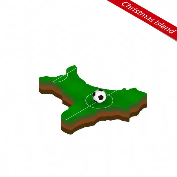 Vector illustration of Isometric map of Christmas Island with soccer field. Football ball in center of football pitch.