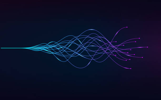 ilustraciones, imágenes clip art, dibujos animados e iconos de stock de ai - inteligencia artificial y concepto de aprendizaje profundo de las redes neuronales. ecualizador de onda. líneas azules y púrpuras. ilustración vectorial - man made illustrations