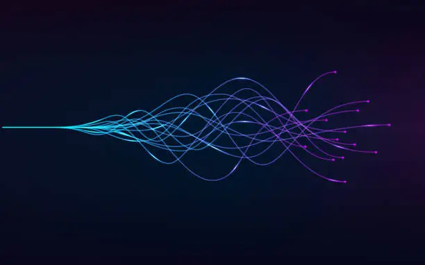 Vector illustration of ai - artificial intelligence and deep learning concept of neural networks. Wave equalizer. Blue and purple lines. Vector illustration
