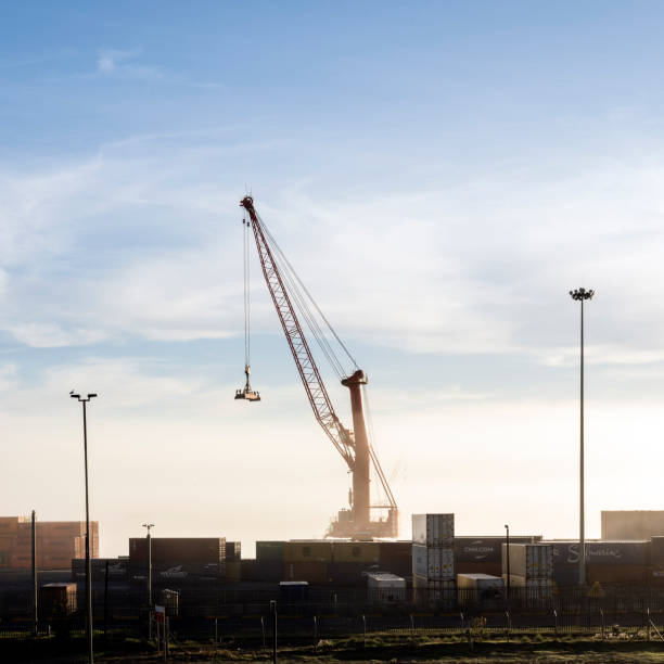 istock Stationary container crane in harbour during global travel ban 1279105358