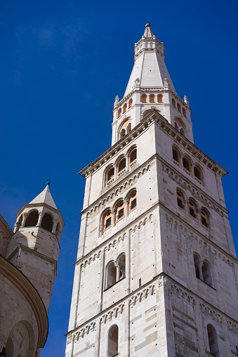 Details of Venice old town architecture, Doge's Palace sculpture and Campanile tower, Italy travel photo