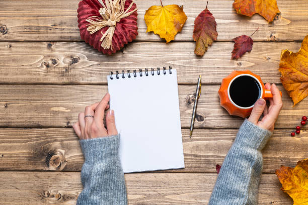 Desktop mock up planner. Top view composition with woman's hands in sweater, pumpkin styled cup of coffee and autumn themed decoration, fallen leaves on wooden background. Flat lay, copy space.
