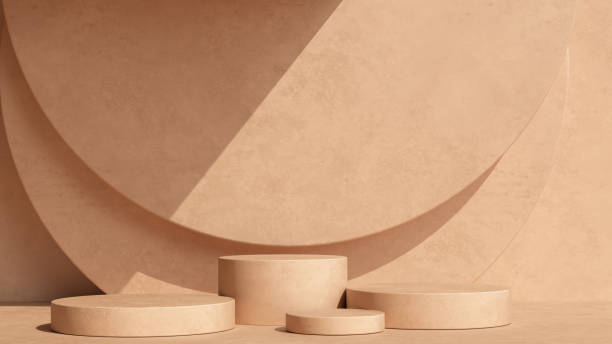 istock Product setting podium beige abstract minimalistic geometry, minimal geometric shapes interior, object placement, abstract gray background room, 3d rendering, 1279106766