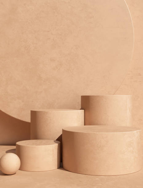 istock Product setting podium beige abstract minimalistic geometry, minimal geometric shapes interior, object placement, abstract gray background room, 3d rendering, 1279106859