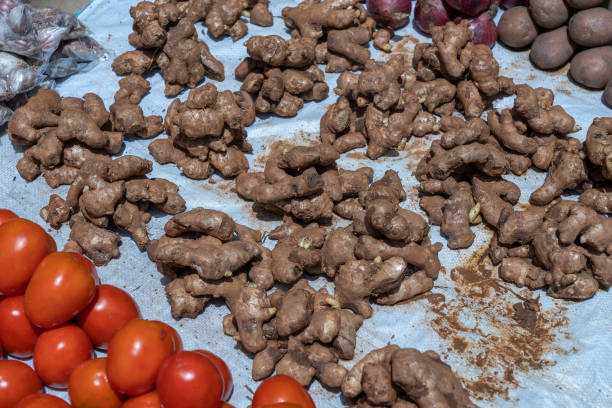 생강 뿌리는 잔지바르 섬의 지역 길거리 음식 시장에서 판매됩니다, 탄자니아, 아프리카, 닫습니다 - africa agriculture zanzibar industry 뉴스 사진 이미지