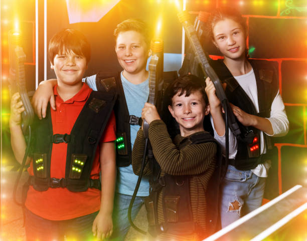 istock Kids posing with laser pistols 1279110178