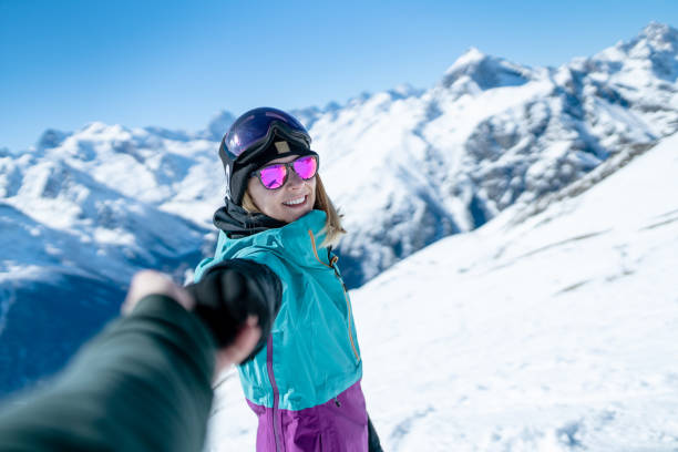 istock On walk at the ski resort. Follow me concept. 1279110452