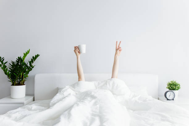 good morning concept - female hands with coffee cup and victory sign sticking out from the blanket at home or hotel good morning and relaxation concept - female hands with coffee cup and victory sign sticking out from the blanket at home or hotel Best Coffee stock pictures, royalty-free photos & images