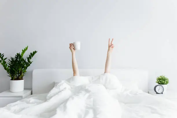 Photo of good morning concept - female hands with coffee cup and victory sign sticking out from the blanket at home or hotel