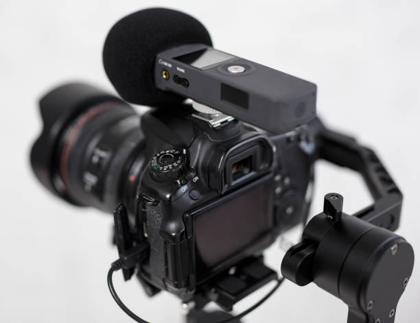 istock close up of modern dslr camera on 3-axis gimbal stabilizer with microphone recorder over gray 1279112974