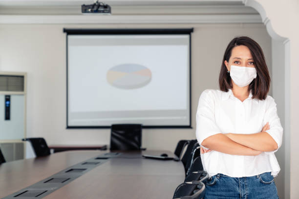 istock medicine face mask Business Woman Presenting Data on Video Screen 1279113017
