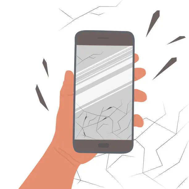 Vector illustration of Hand holds smartphone with cracked screen. Glass fragments scattered to the sides. Damage to the touch screen of the mobile phone. Broken glass. Vector illustration isolated on a white background